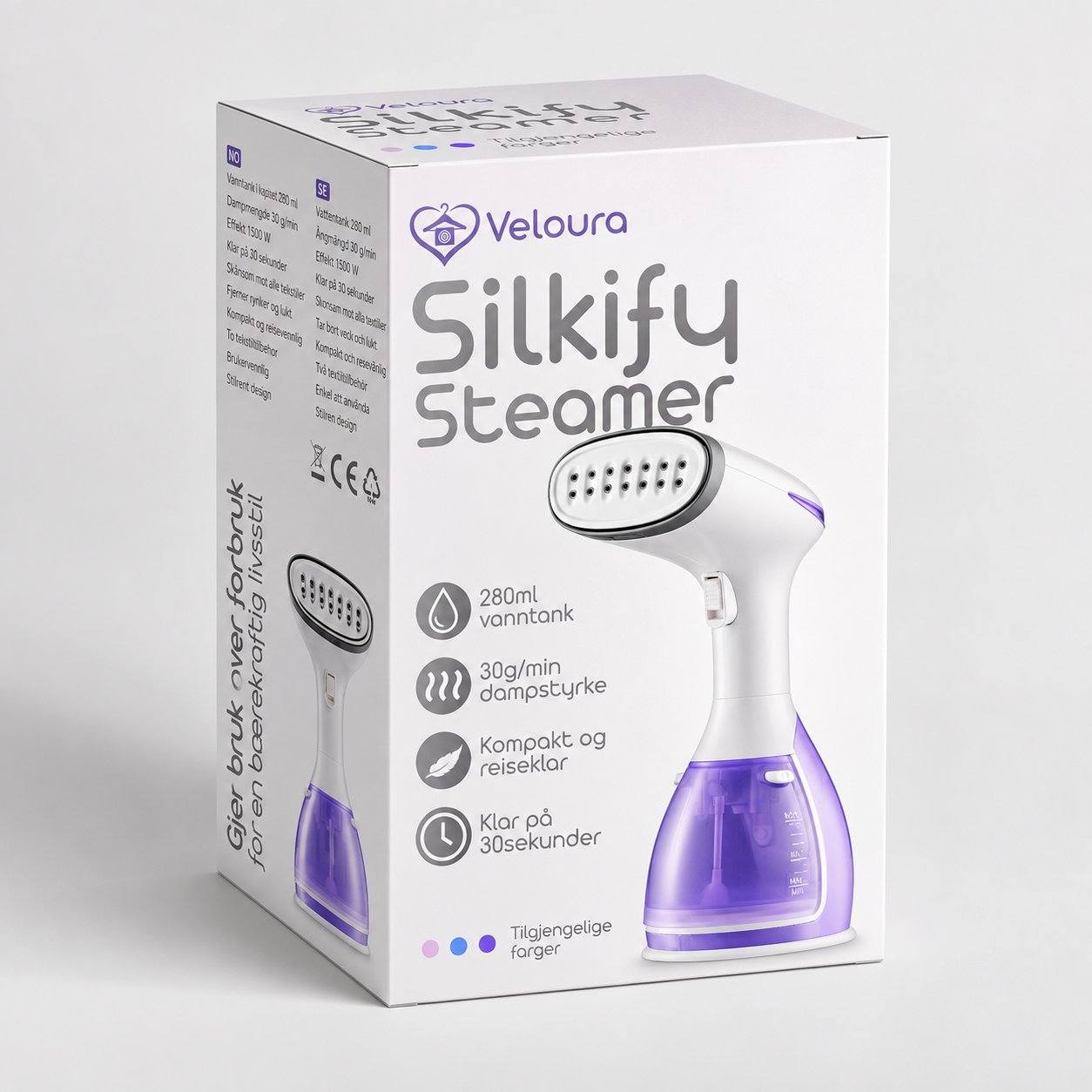 Förpackning till lila Silkify steamer från Veloura