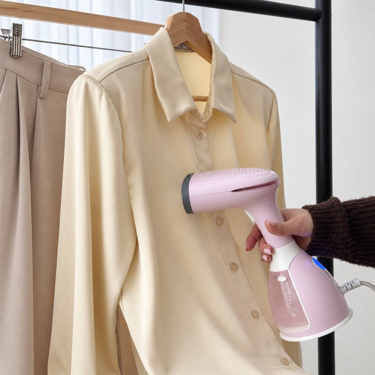 Rosa Silkify steamer används på en ljus blus på galge